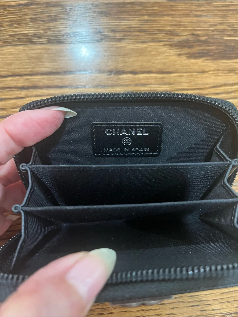CHANEL Black Quilted Caviar Leather Zip Wallet with Silver CC